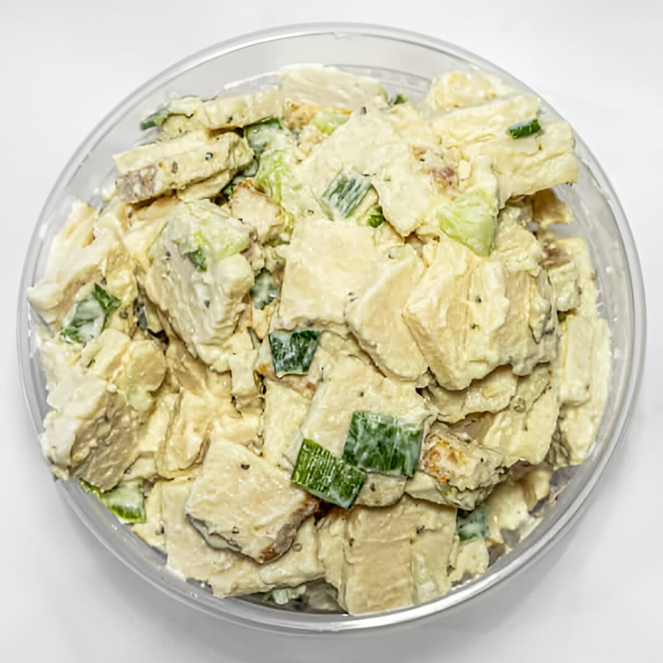 Baba's Deli potato salad with green onions and black pepper in a clear plastic container.